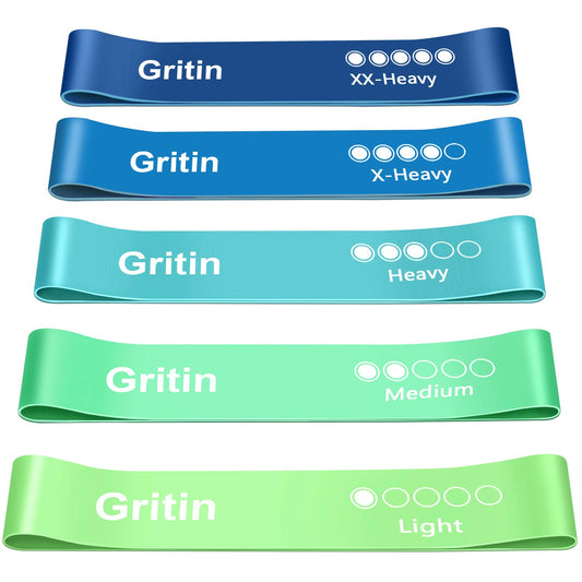 Gritin Resistance Bands, [Set of 5] Skin-Friendly Resistance Fitness Exercise Loop Bands with 5 Different Resistance Levels - Free Carrying Case Included - Ideal for Home, Gym, Yoga, Training