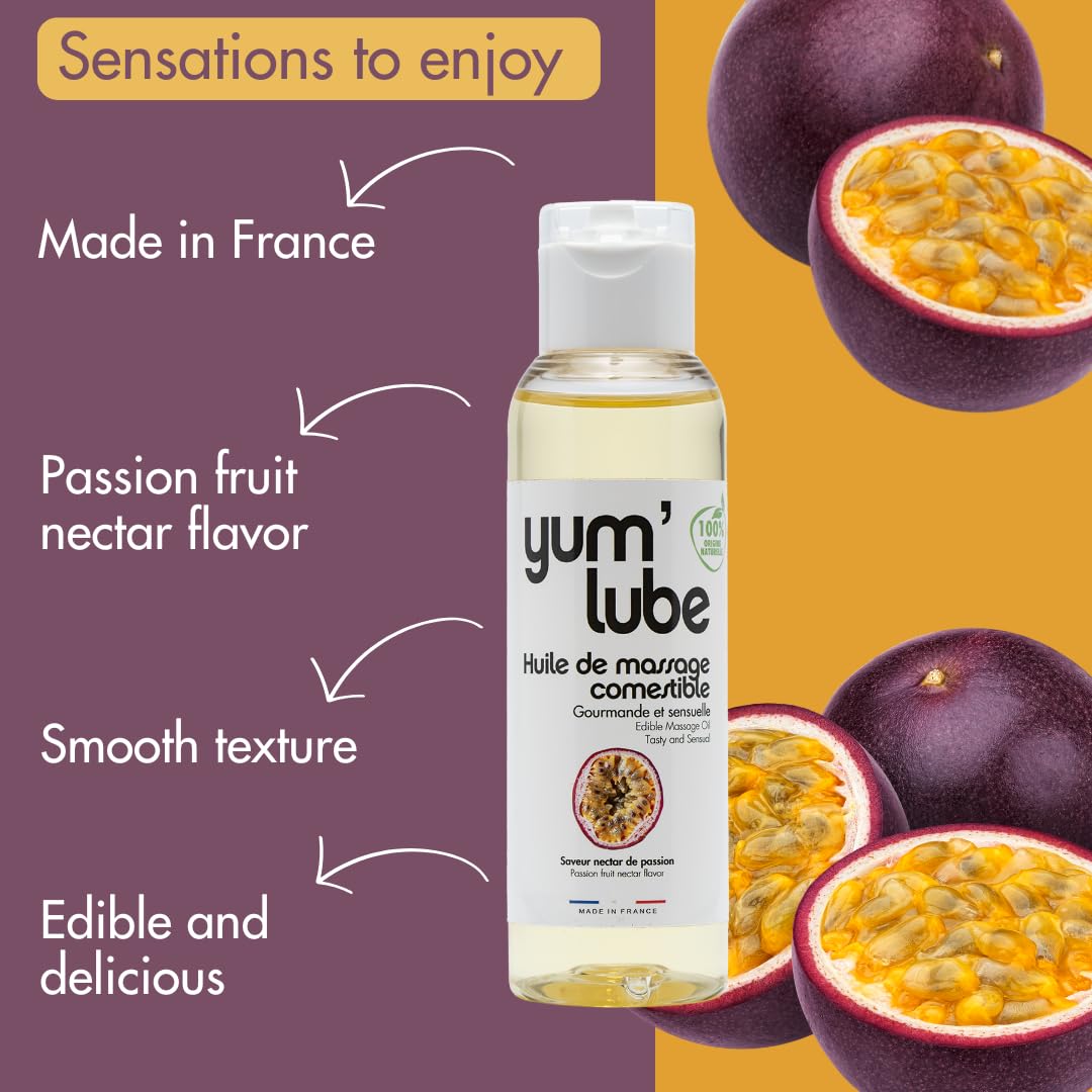 Yum'Lube | Body Oil & Massage Oil | Massage Oils for Date Night & Massage Therapy | Edible Passion Fruit Flavoured Sex Oil | Relaxing & Sensual Erotic Wellness for Couples | 100% Natural