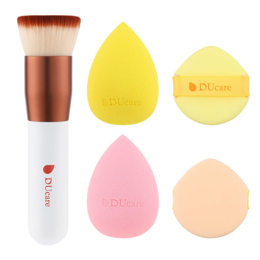 DUcare 4Pcs & 1Pc Makeup Sponges Foundation Brushes - Ideal For Flawless Makeup, Non-latex Blender Beauty Powder Puffs Kabuki Flat Top Face Brush