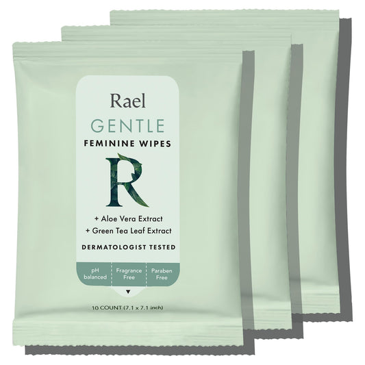 Rael Flushable Feminine Intimate Wipes - pH-Balanced, Unscented, Aloe Vera Extract, Safe for Sensitive Skin, Vegan & Cruelty Free, Travel Size (10 Count, Pack of 3)