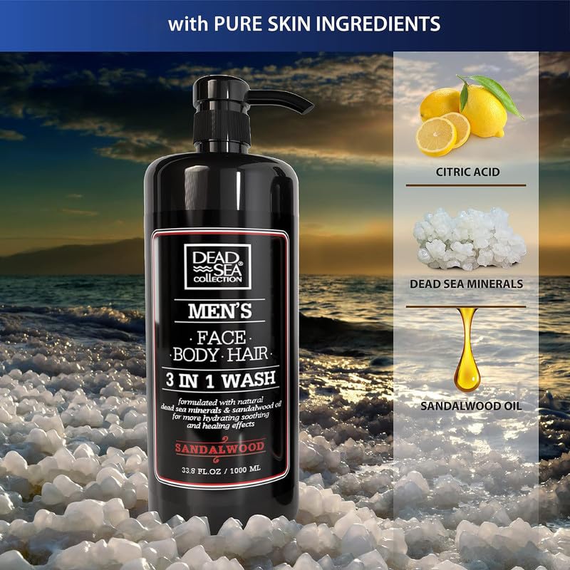 Dead Sea Collection Mens Shower Gel 3 in 1 with Sandalwood Oil and Dead Sea Salt - Body Wash, Shampoo for Men, Face Wash - Pack of 2 (1000 ml. each)