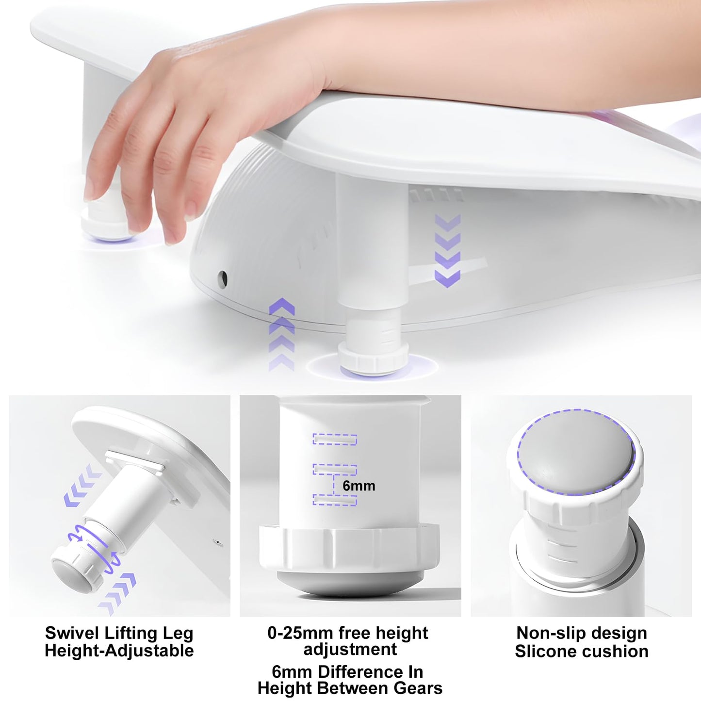 Diesisa Nail Arm Rest, Hand Rest for Nails with Height Adjustment, Soft PU Leather U-Shaped Manicure Armrest, Nail Cushion with Detachable Legs, Non-Slip Hand Rest Pillow for Nail Tech (White)