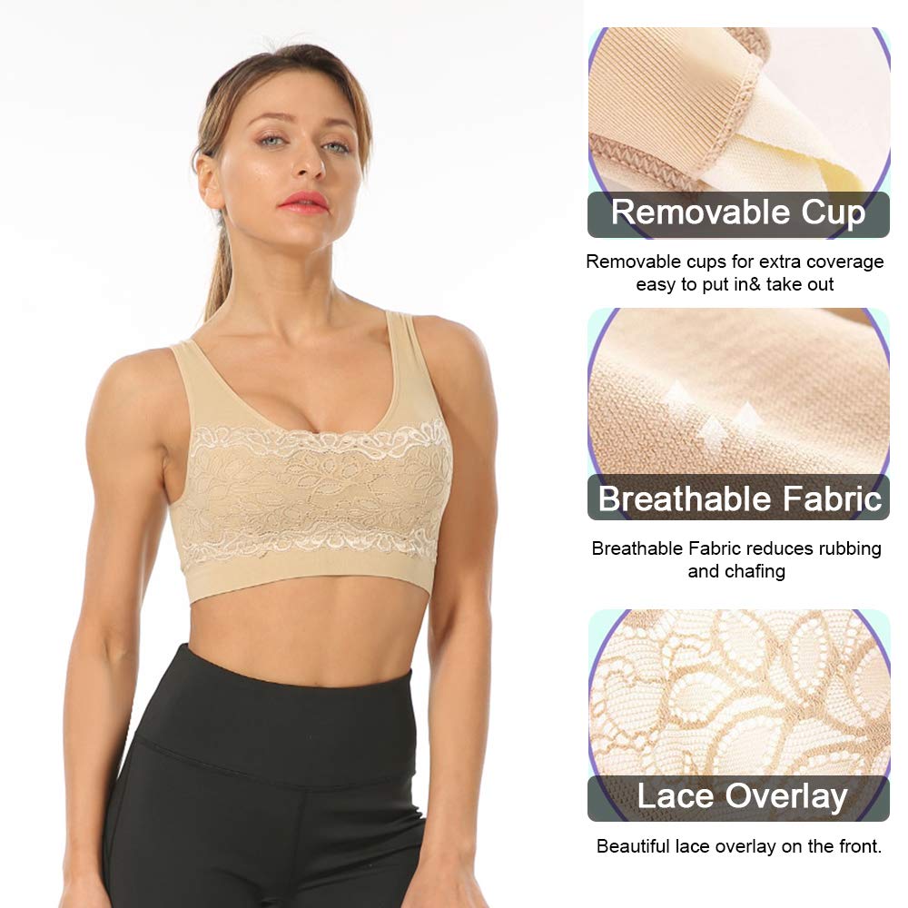 Litthing Women Sports Bra Seamless Comfortable Soft Breathable Ladies Lace Bras Removable Padded Tops Push up Underwear Packs for Yoga Fitness Exercise