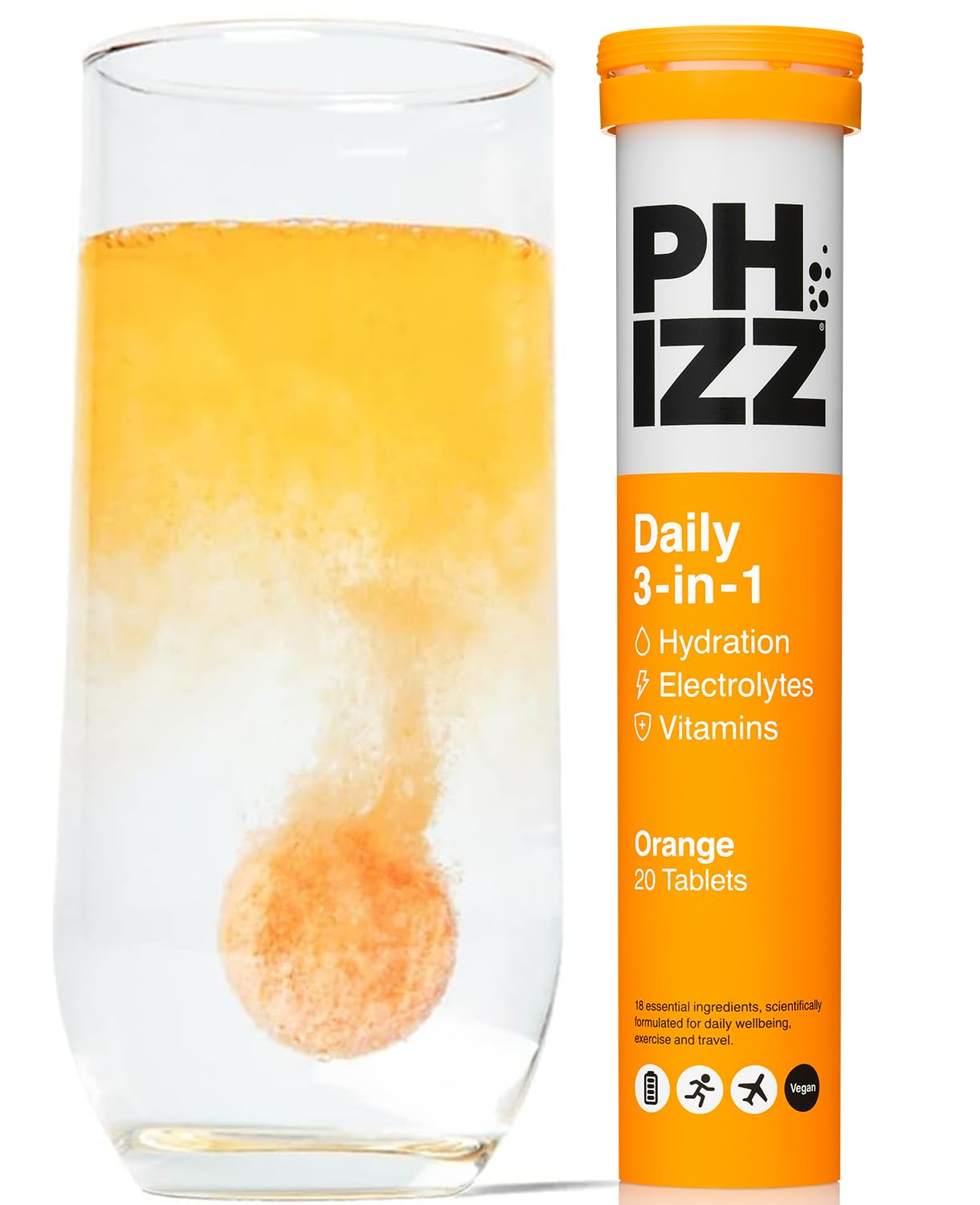 Phizz Electrolytes, Multivitamin & Hydration Tablets - 20 Effervescent Rehydration Electrolyte Tablets - 18 Vitamins & Minerals, Vitamin C, Vegan, Vegetarian & Low Calorie (Orange, 20 Tablets)