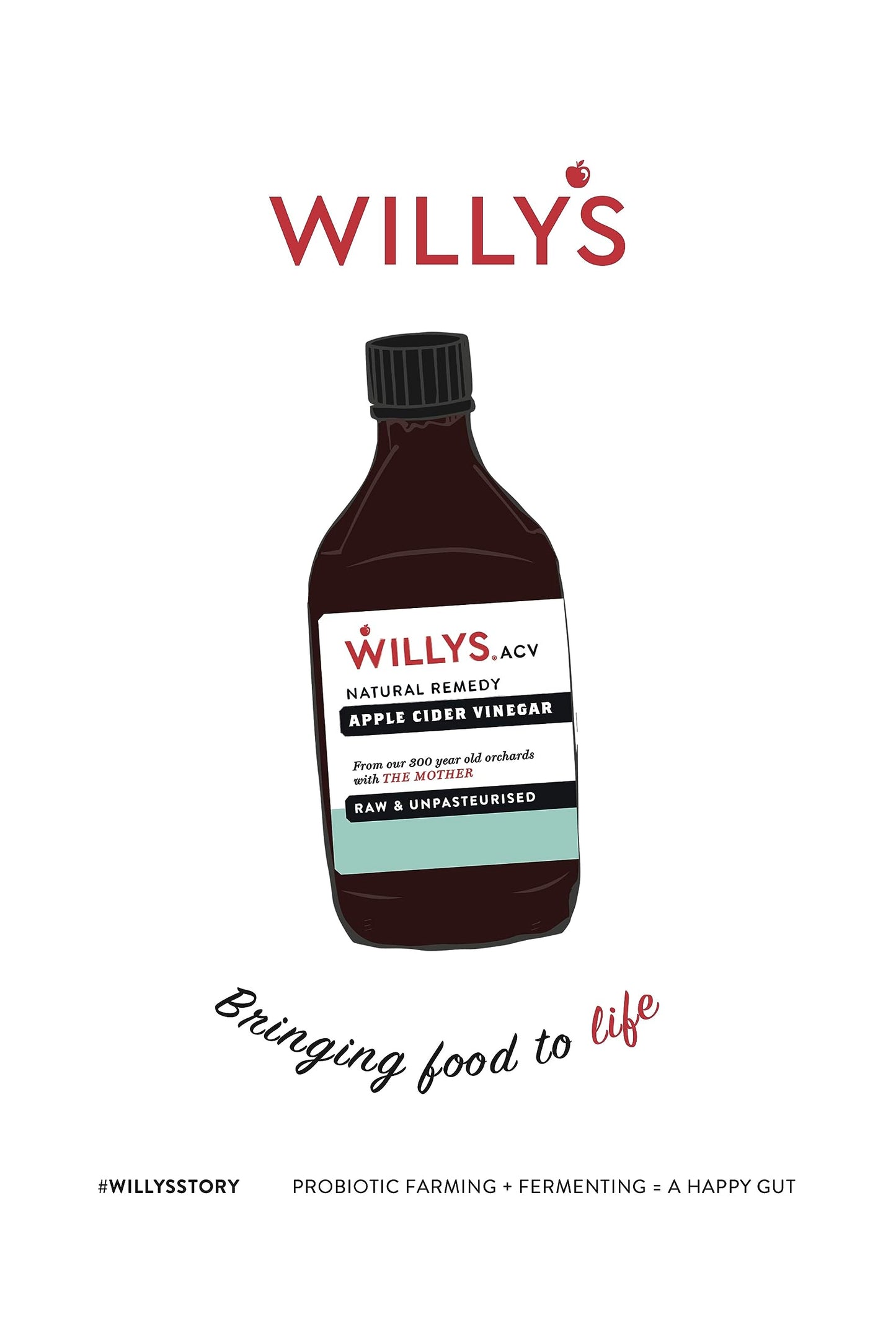 WILLY'S Apple Cider Vinegar with Live Mother Bundle - Probiotics For Detox & Gut Health - 5L Refill Bag In Box, 500ml Glass Bottle, Tea Towel & Pour Spout