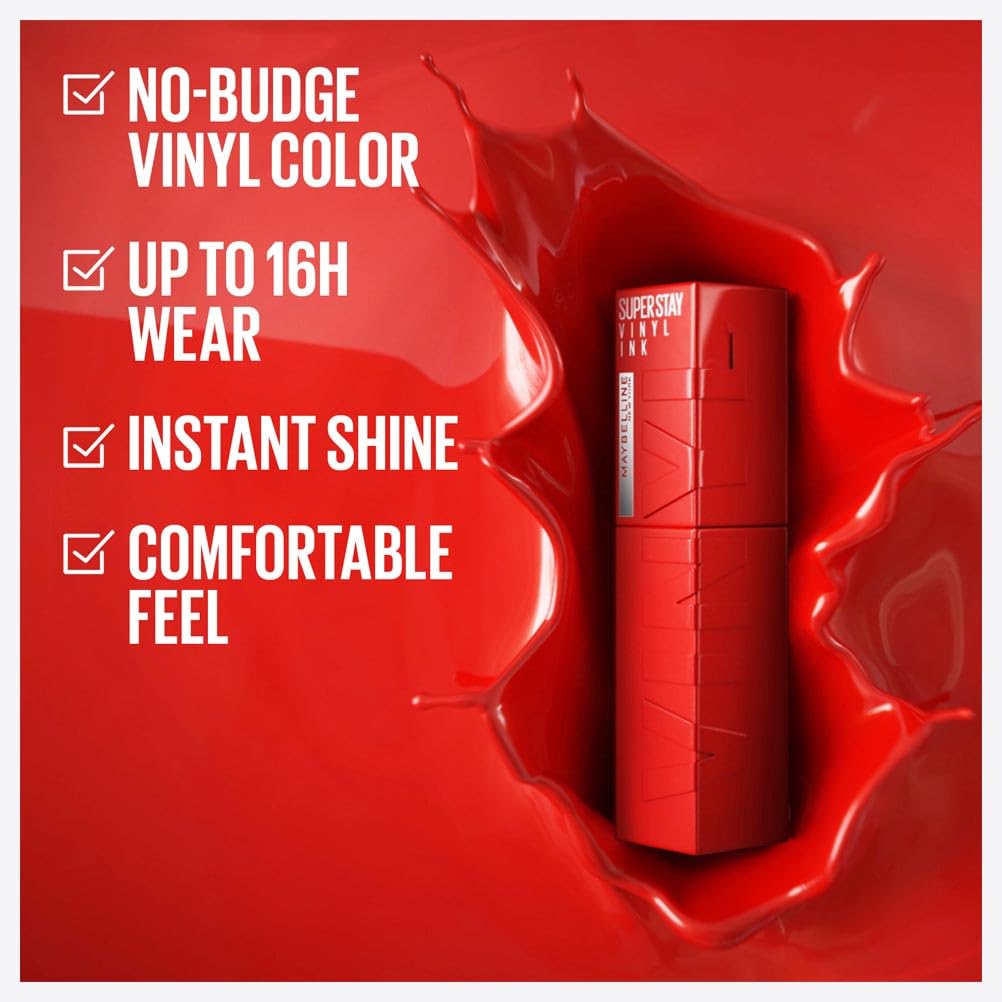 Maybelline New York Lip Colour, Smudge-free, Long Lasting up to 16h, Liquid Lipstick, Shine Finish, SuperStay Vinyl Ink, 35 Cheeky