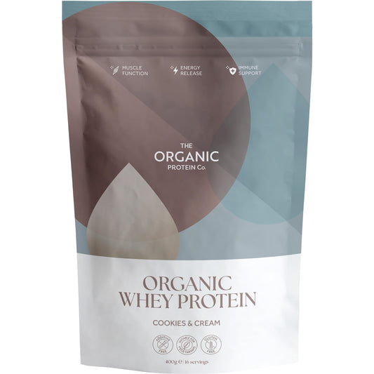 The Organic Protein Co - Cookies & Cream Organic Whey Protein Powder | Additive Free, Undenatured, Bioactive, UPF Free, No Emulsifiers, Primarily Grass Fed, Vegetarian, Gluten Free – 400g
