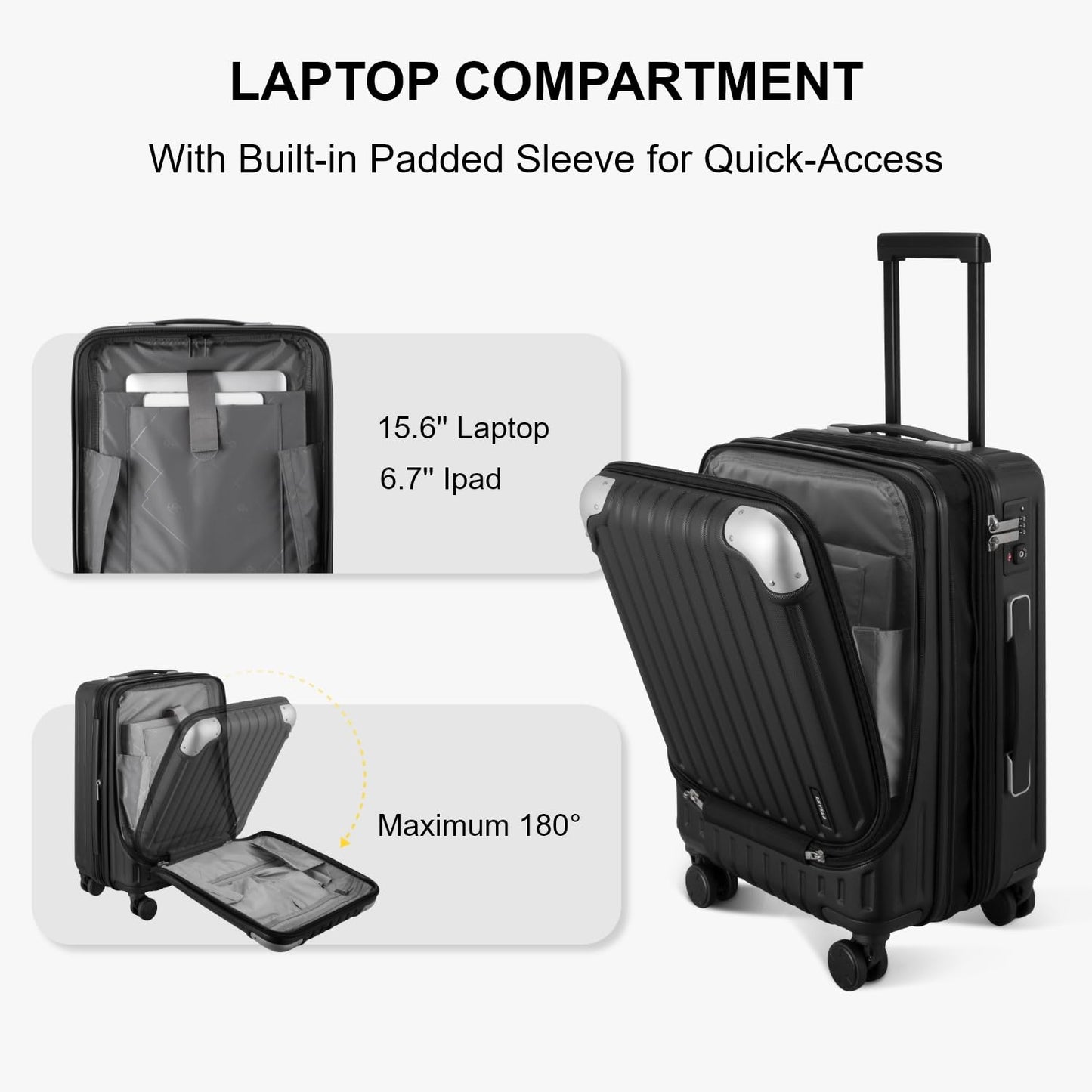 LEVEL8 Carry on Suitcase, 55CM Hand Luggage Expandable with Laptop Compartment, ABS+PC Hardshell Spinner Trolley Cabin Size with 4 Wheels, TSA, Black