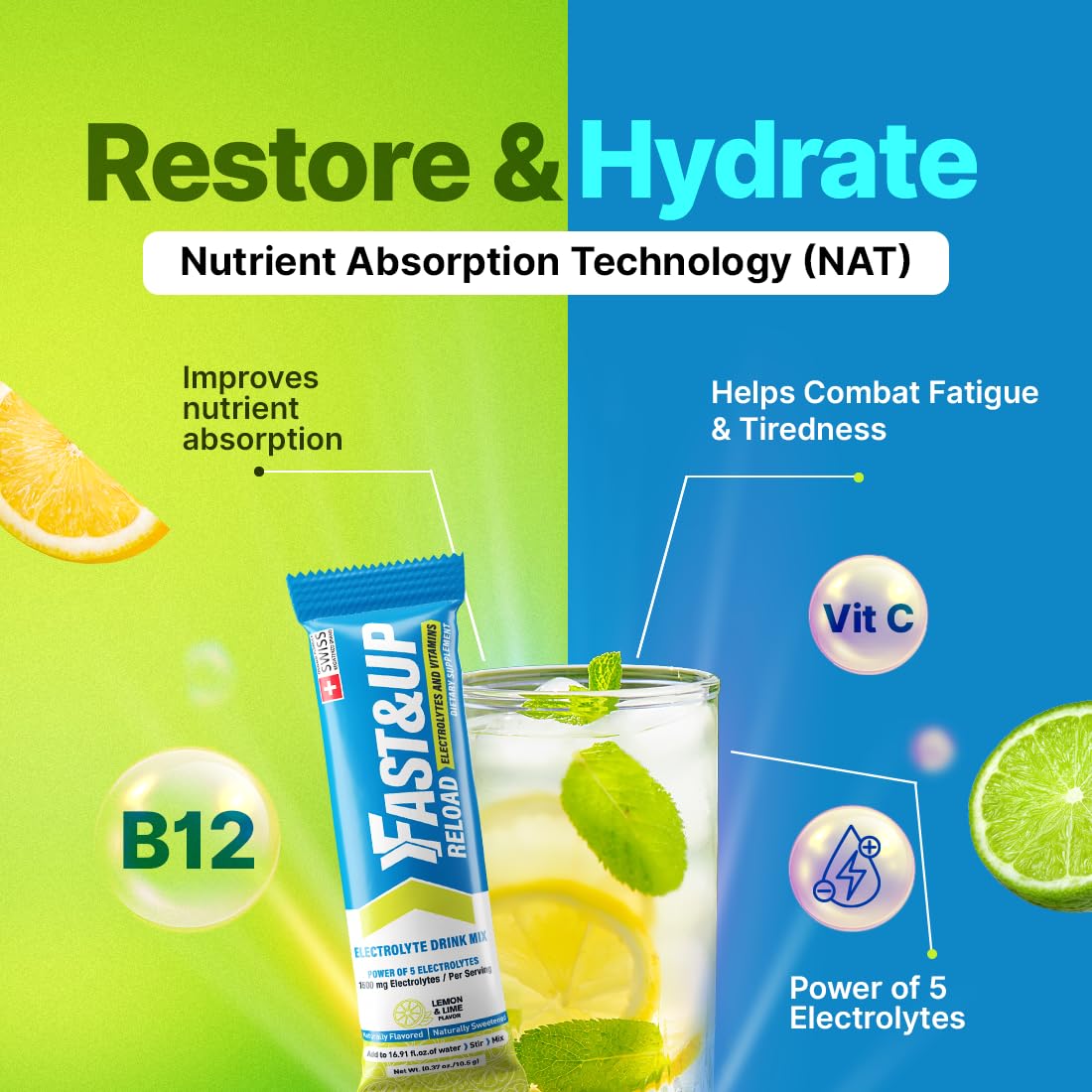 Fast&Up Reload Electrolyte Powder Drink Mix |15 sachets| 5 Electrolytes & Vitamins for Instant Hydration & Energy | (Lemon & Lime)