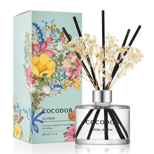 Cocod'or COCODOR Flower Reed Diffuser set / 6.7oz / White Jasmine/Scent Diffuser with Sticks Home Fragrance Reed Diffuser for Bathroom Shelf Decor