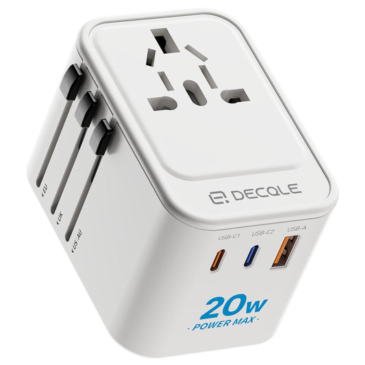 decqle Universal Travel Adapter, International Travel Plug Adapter with 2 USB-C(PD 20W) ＆ 1 USB-A Ports, All in One Portable AC Adapter for USA, UK, EU, AU ＆ 224+ Countries (White)