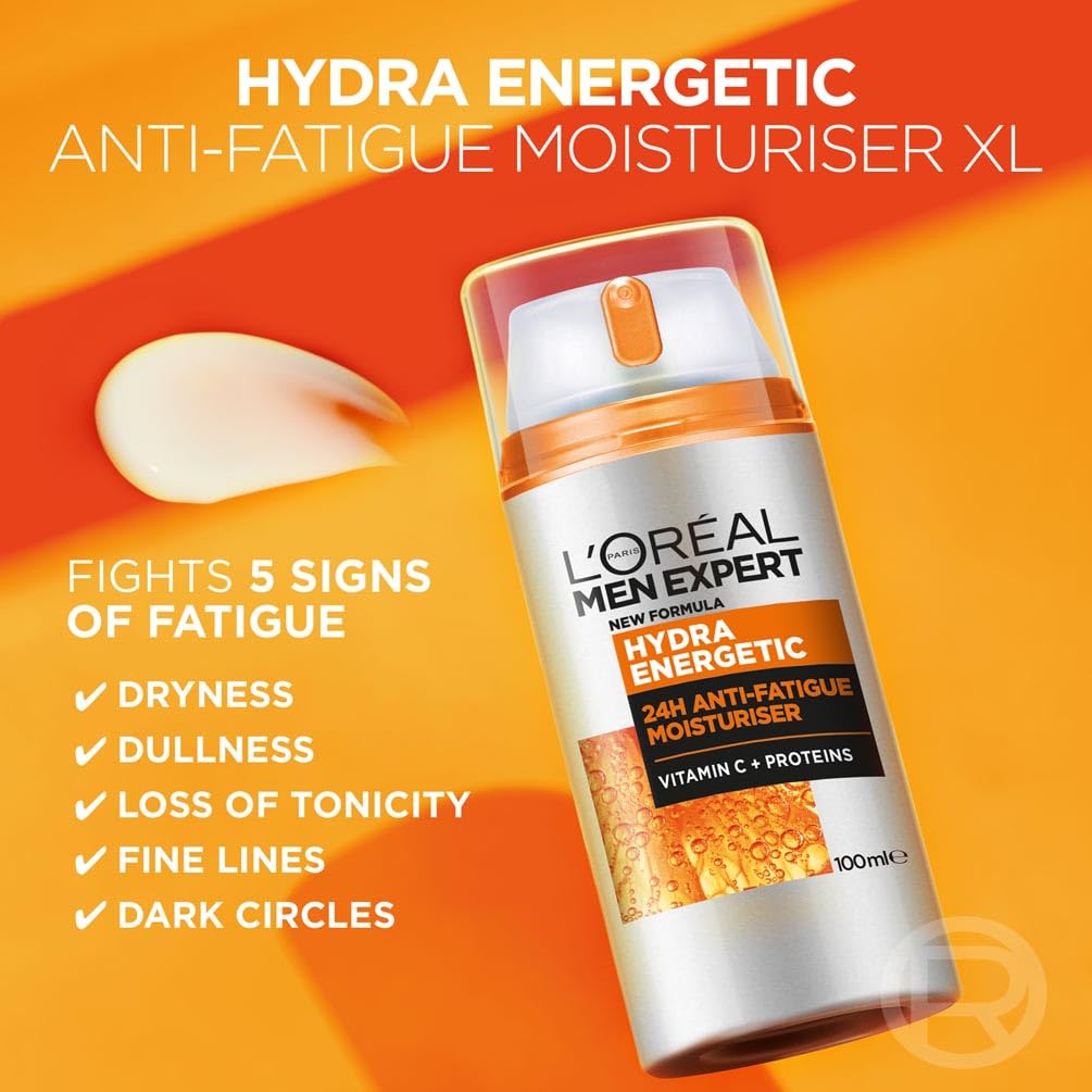 L'Oreal Men Expert Anti-Fatigue Moisturiser, Hydra Energetic Men's Moisturiser With Vitamin C*, Helps Fight Of Appearance of Dark Circles And Intensively Hydrates Skin, [100ml]