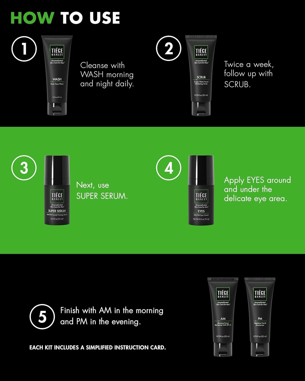 Tiege Hanley Men’s Skin Care System - Level 3 | Mens Anti Aging Routine Product Set: Face Wash, Serum, Day & Night Moisturizer, Exfoliating Scrub & Eye Cream | Tighten & Hydrate Your Best Looking Skin