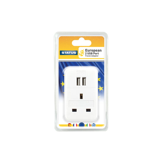 STATUS UK to EU Plug, 3 Pin to 2 Pin European 2 Port USB Travel Adaptor, White, A2USBTEURO ST-85 (Package may vary)