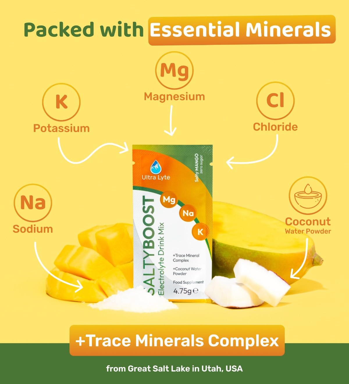 Ultra Lyte Electrolytes Drink Mix - Sugar-Free Sachets with High Sodium, Trace Minerals, and Coconut Water - Hydration for Sports, Fitness, and Recovery (12 Servings (Pack of 1), Salty Mango)