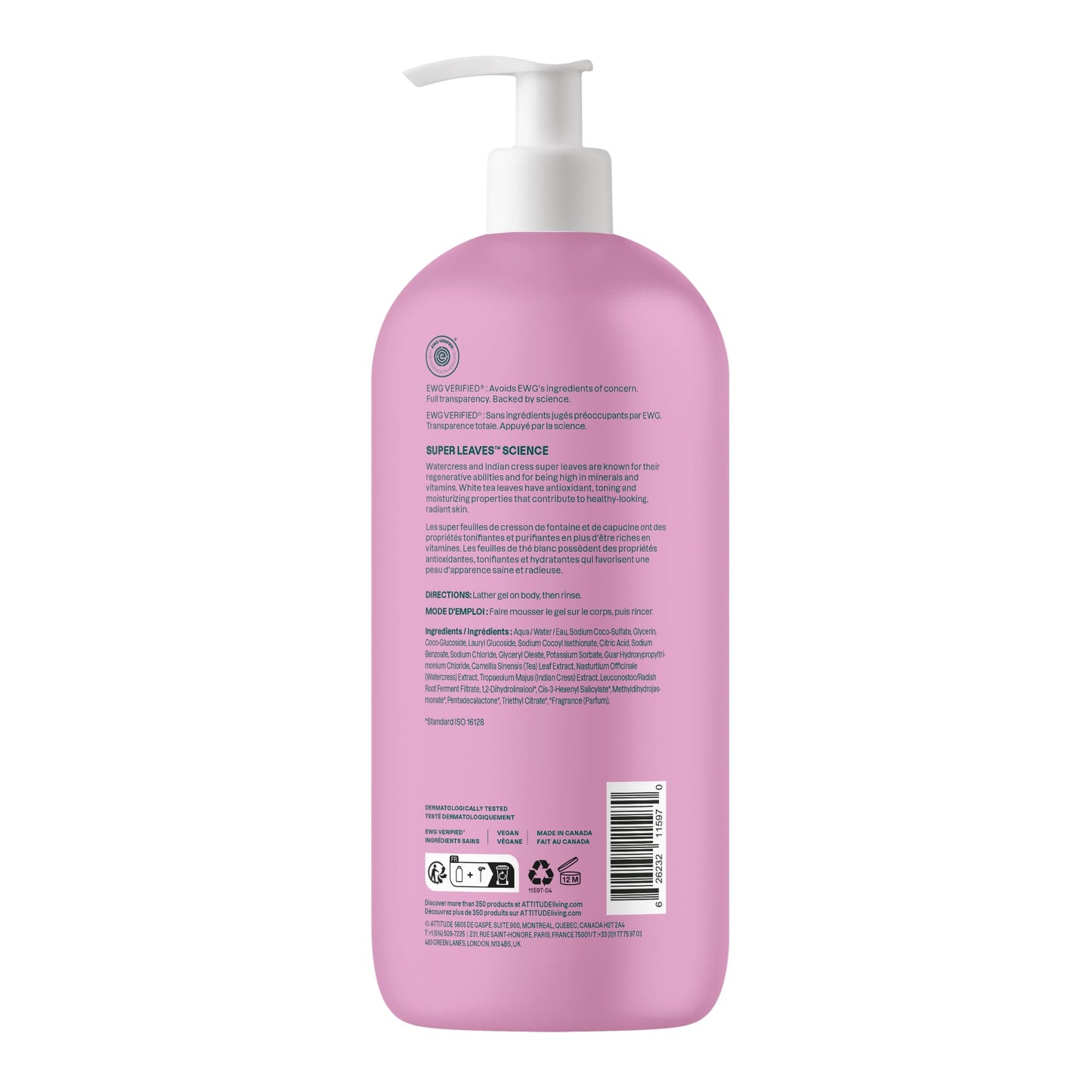 ATTITUDE Body Wash, EWG Verified Shower Gel, Dermatologically Tested, Plant and Mineral-Based, Vegan Personal Care Products, White Tea Leaves, 946 mL