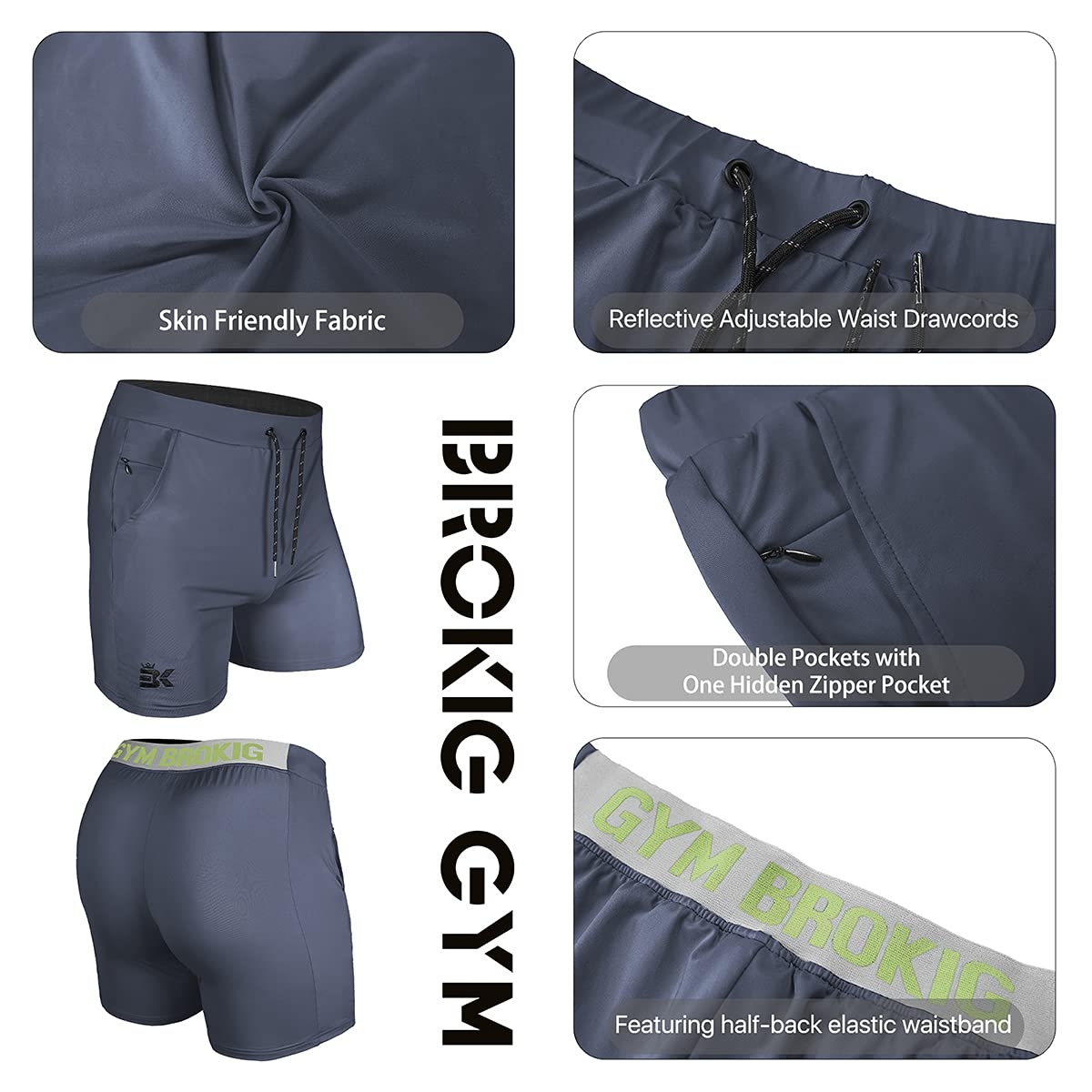 BROKIG Mens Stretch Gym Shorts, Lightweight Running Sport Training Workout Fitness Short Slim with Zip Pocket (XL,Dark Grey)