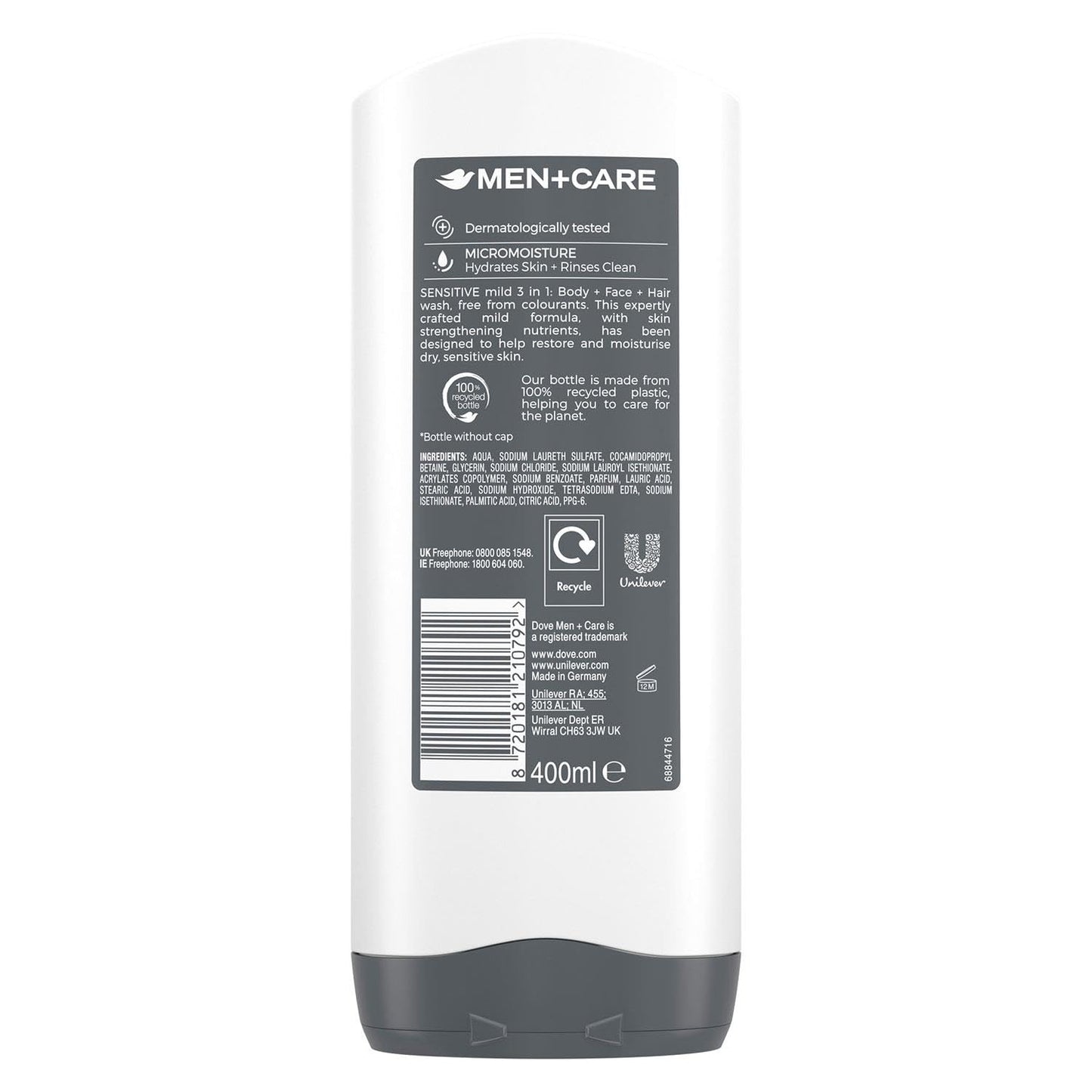 Dove Men+Care 3-in-1 Body, Face & Hair Wash Hydrating Sensitive Provides 24 Hour Nourishment with Clean and Calm Scent of Fresh Mint and Cedar Body Wash for Men, 400ml Pack of 3