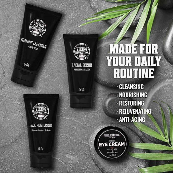 Viking Revolution - Mens Skincare Kit - Includes (148ml Each) Mens Face Moisturiser, Mens Face Wash, Mens Face Scrub and Mens Eye Cream (30ml) - Mens Skincare Gift Set - Gifts For Men