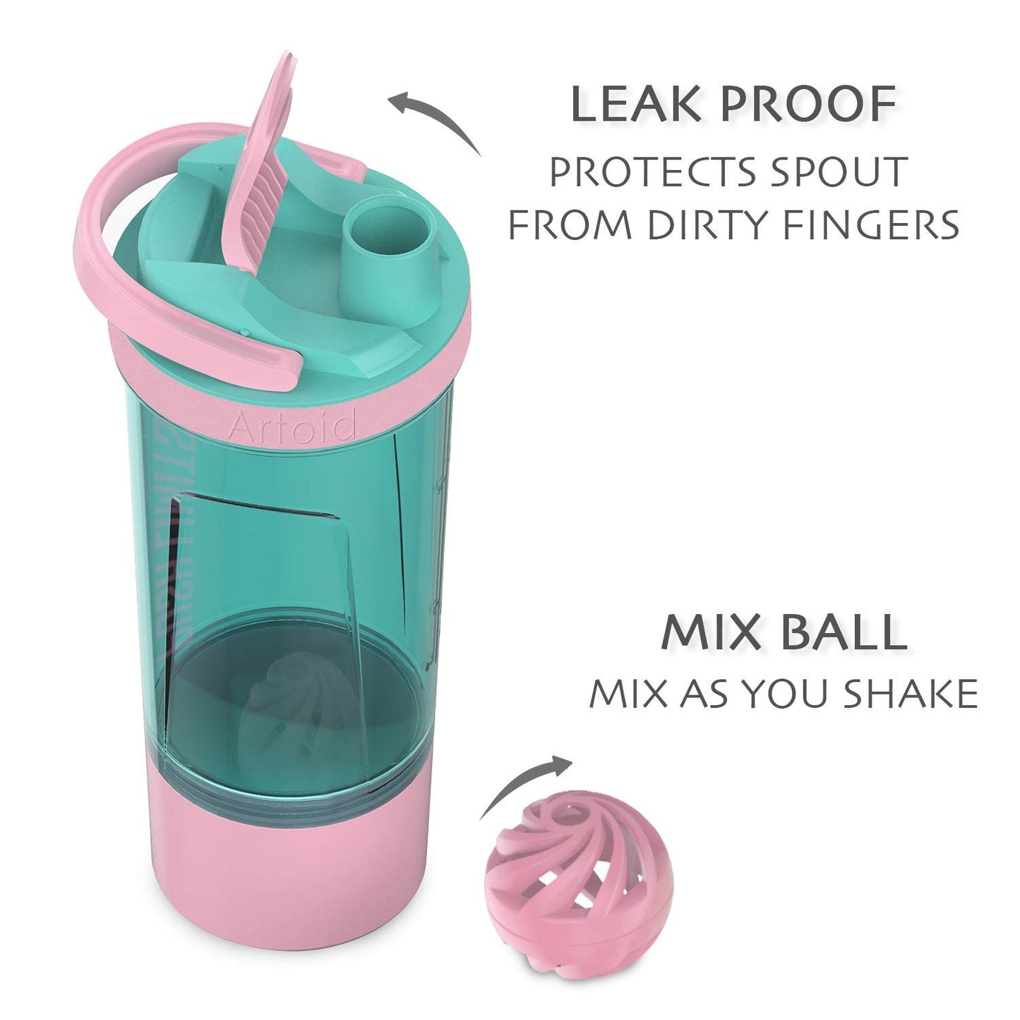 Artoid Mode 720ml Inspirational Sports Fitness Workout Protein Shaker Bottle with Twist and Lock Protein Box Storage, Dual Mixing Technology with Shaker Balls & Mixing Grids - BPA Free