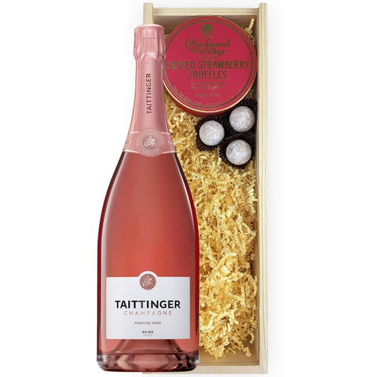Magnum of Taittinger Prestige Rose Champagne And Strawberries & Cream Charbonnel Truffles Magnum Box 150cl 12.5% abv