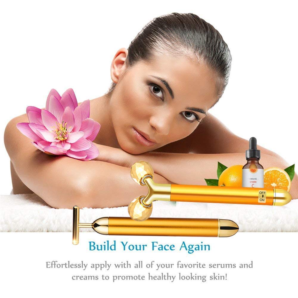 2-in-1 Electric Face Massager Beauty Bar 24k Golden Facial Massager, 3D Roller and T Shape Facial Roller Massager Kit Arm Eye Nose Massager Skin Care Tools