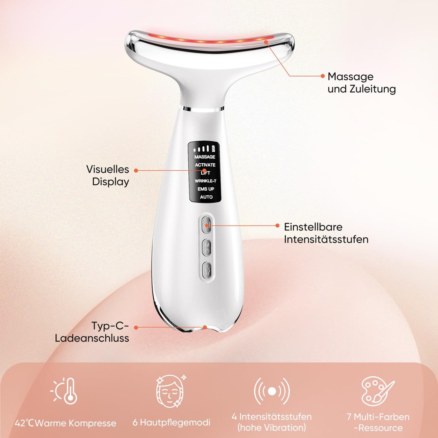 Face Lifting Facial Massager Device：Electric Skin Face Lift 6 Modes 7 LED - 42°C EMS Microcurrent Massager Skin Tightening Neck Lift Device -Anti-Wrinkle Facial Care Lifting Toning Firming for Women