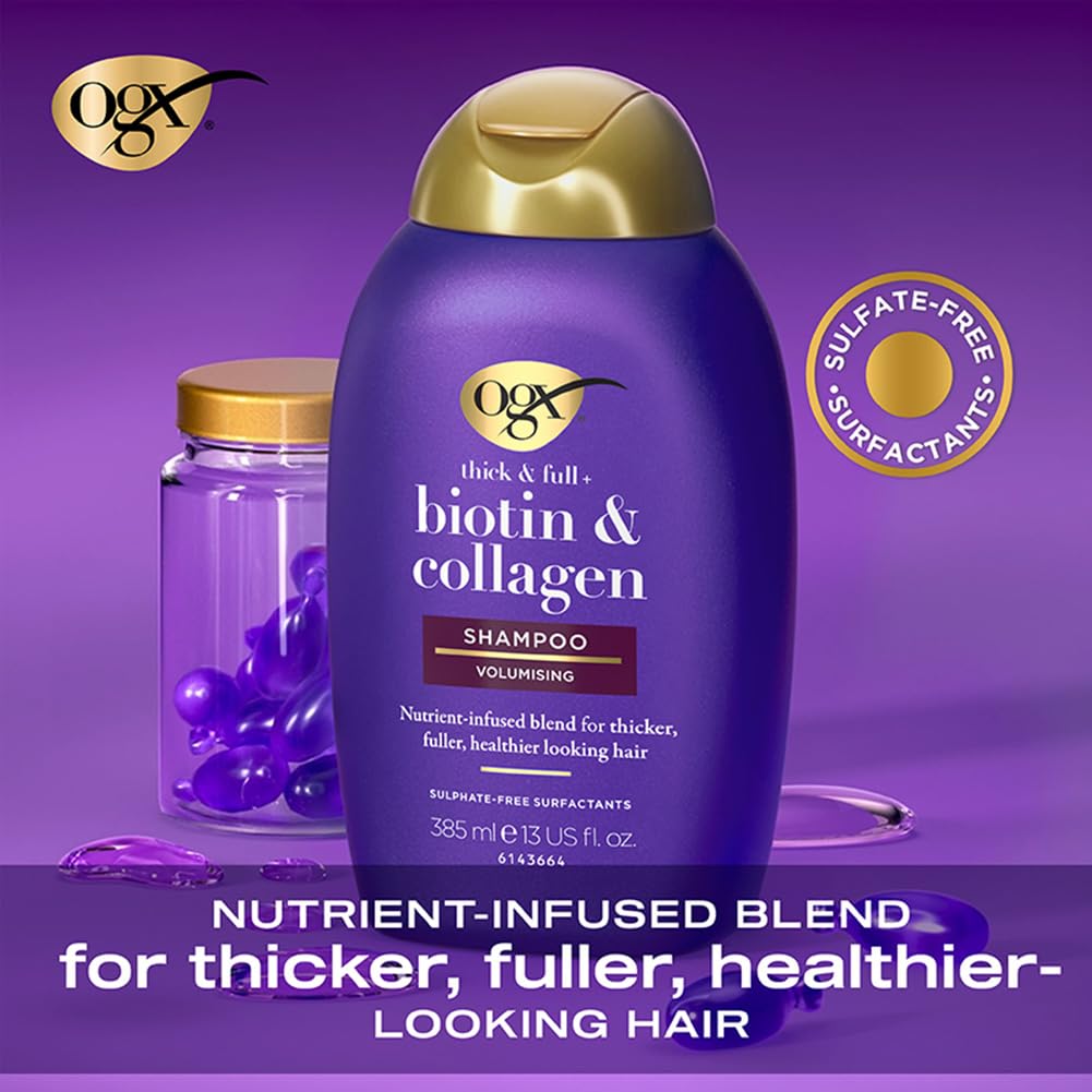 OGX Biotin and Collagen Volumising Hair Shampoo, Thick and Full, with Vitamin B7 Biotin, and Collagen, for Fine Hair, Sulfate Free Surfactants, 385ml
