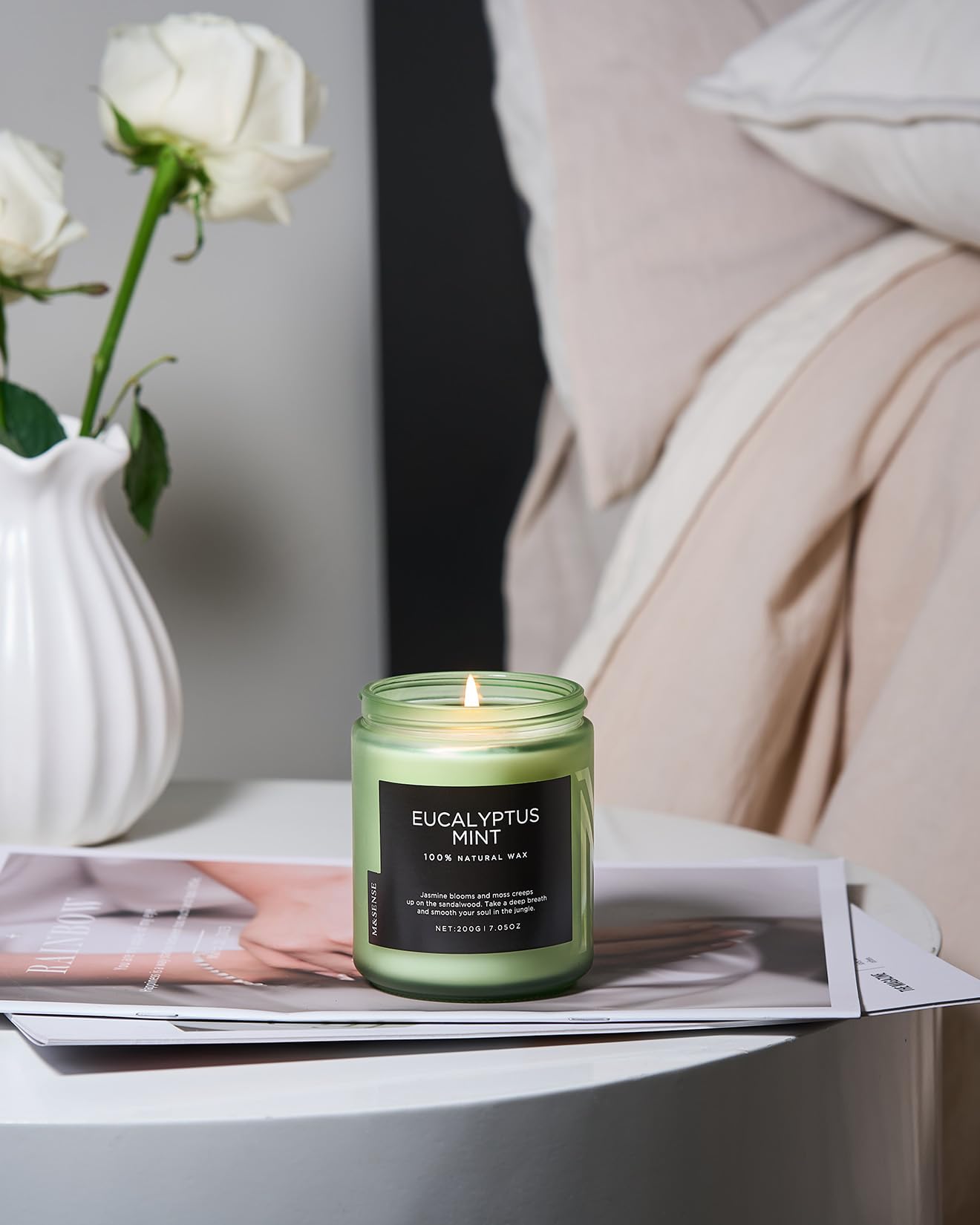 M&SENSE Eucalyptus Mint Soy Scented Candles Gifts for Men Strong Non Toxic 200g 50H Highly Scented Candles Gifts for Women Organic Small Jar Peppermint Woody Candle for Spa Nights Relaxation