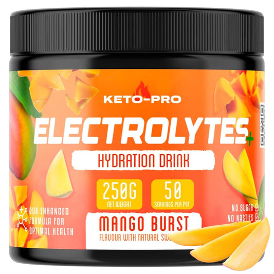 Keto-Pro Electrolytes 250g | Keeping You Electric | Electrolyte Powder & Salts with Astaxanthin | Supporting Your Keto Fasting, Health & Fitness Goals | Mango Burst Flavour