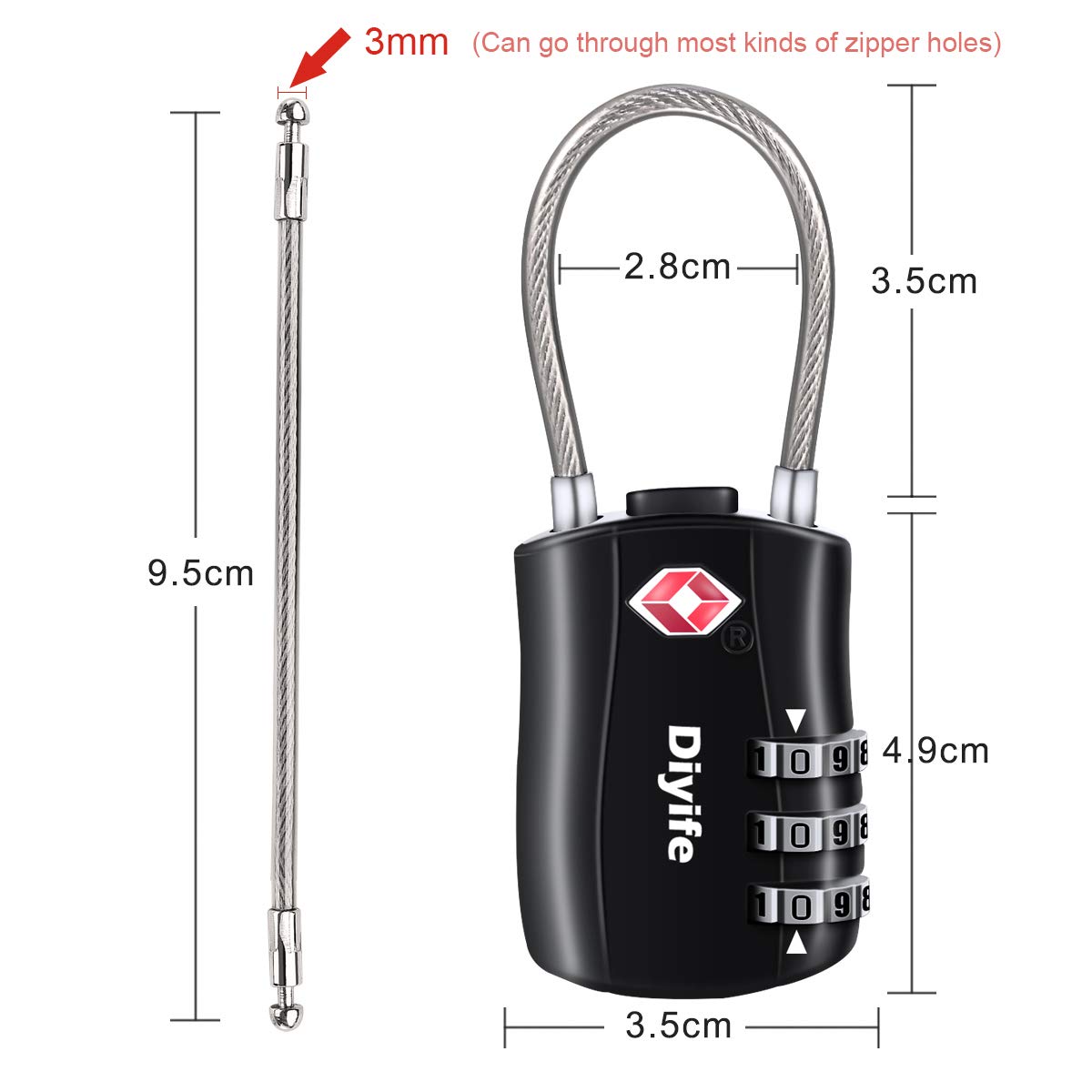 Diyife TSA Luggage Locks, [2 Pack] 3-Digit Security Suitcase Locks, Combination Padlock for Suitcases Flexible Cable Travel Lock, TSA Approved Luggage Locks for Suitcases Travel Luggage Bag Case