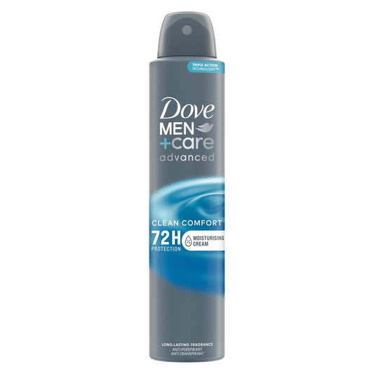 Dove Men+Care Advanced Clean Comfort Anti-Perspirant Aerosol Deodorant Spray with Triple Action technology & ¼ moisturising cream for 72 hour protection against sweat and odour 200 ml