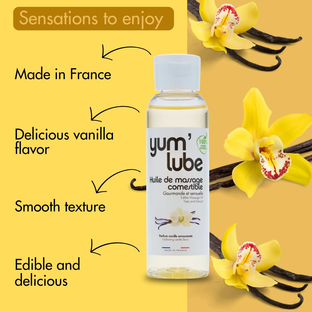 Yum'Lube | Body Oil & Massage Oil | Massage Oils for Date Night & Massage Therapy | Edible Vanilla Flavoured Sex Oil | Relaxing & Sensual Erotic Wellness for Couples | 100% Natural