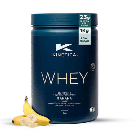 Kinetica Sports Whey Protein Powder - Banana Flavour | 23g Protein/Serve, 33 Servings/1Kg Pack | Gluten Free Supplement | Optimum for Muscle Growth & Recovery | Mixes Well with Water, Milk & Shakes