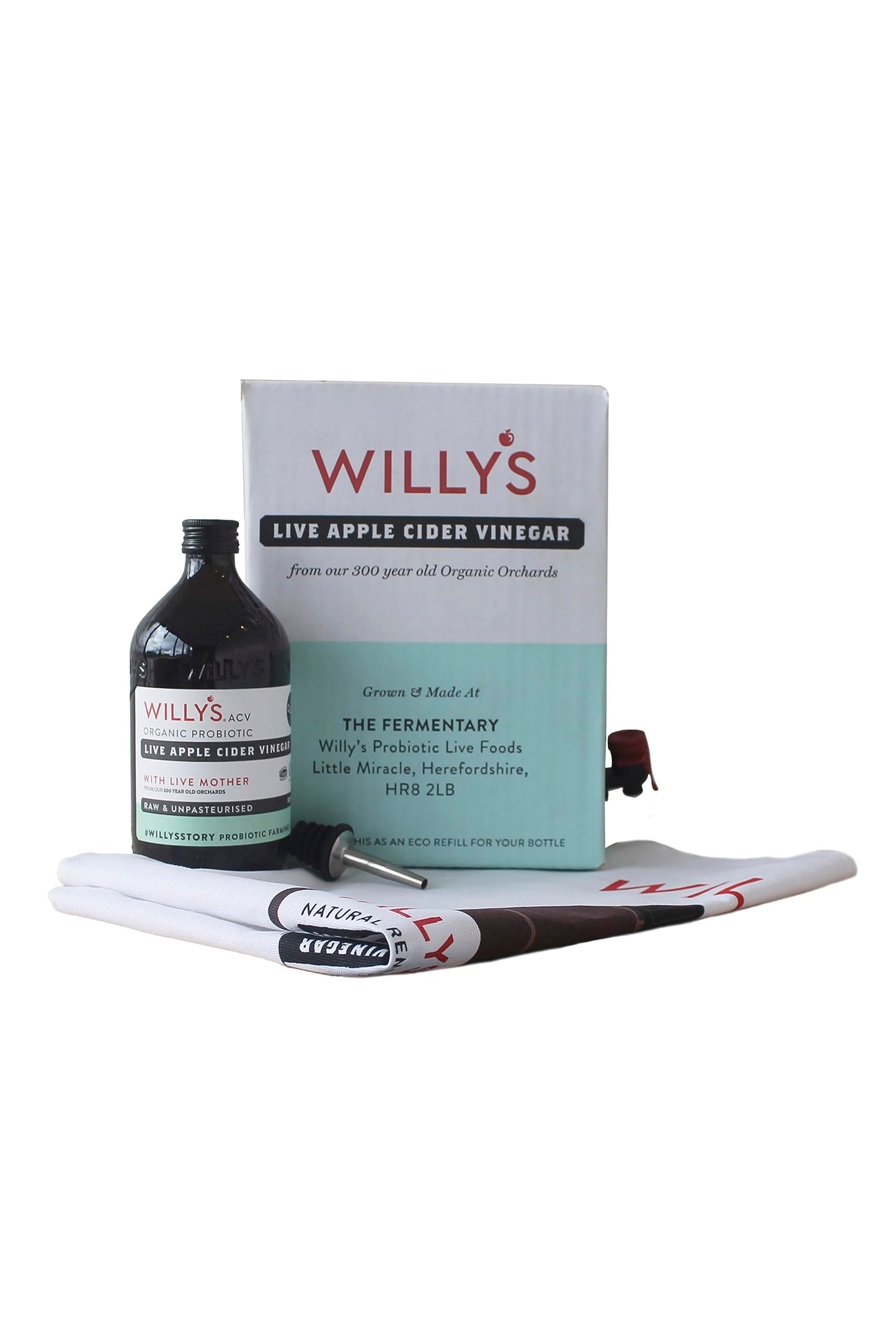 WILLY'S Apple Cider Vinegar with Live Mother Bundle - Probiotics For Detox & Gut Health - 5L Refill Bag In Box, 500ml Glass Bottle, Tea Towel & Pour Spout