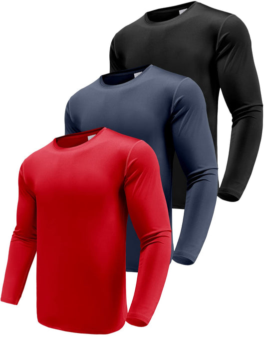 Long Sleeve Workout Shirts for Men - Dry Fit Long Sleeve T-Shirts Moisture Wicking Running Fitness Sports Athletic Crew Tee Tops Black/Navy/Red-3P05-XL