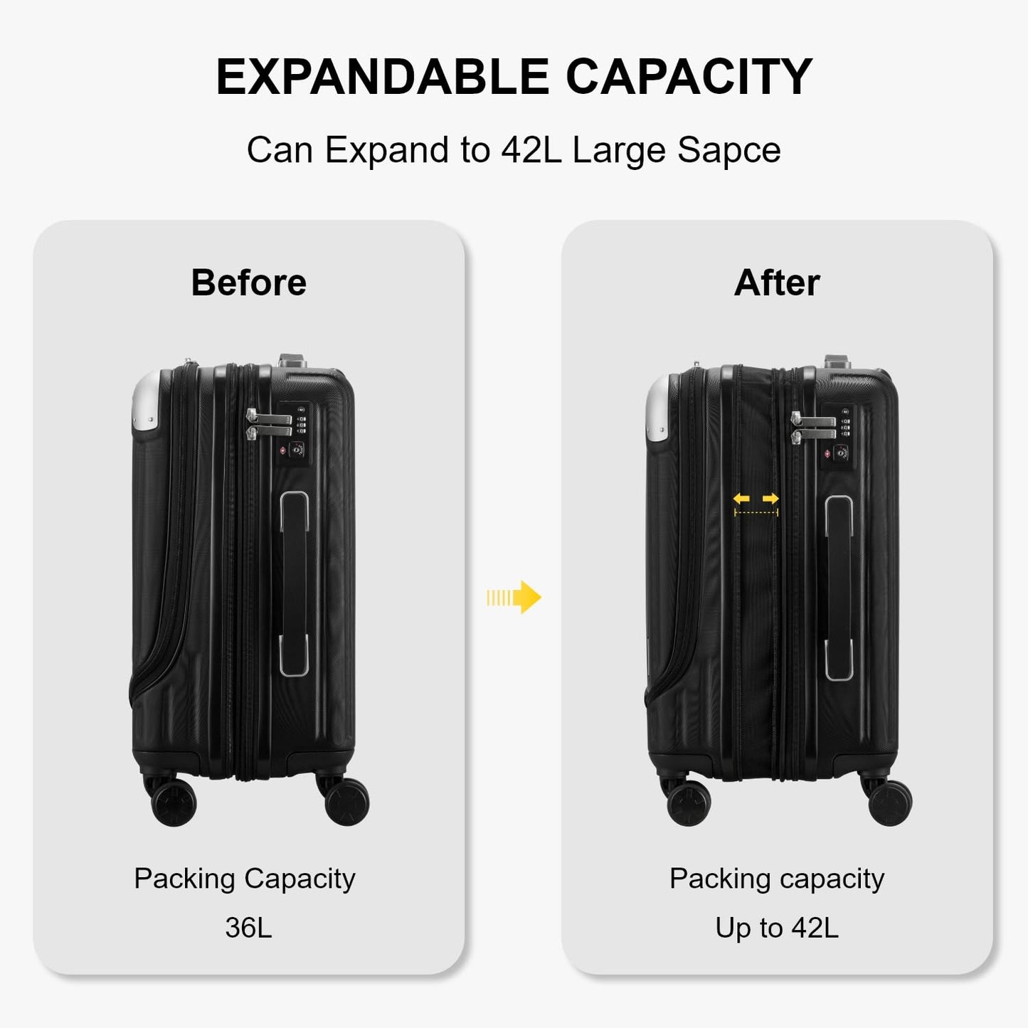 LEVEL8 Carry on Suitcase, 55CM Hand Luggage Expandable with Laptop Compartment, ABS+PC Hardshell Spinner Trolley Cabin Size with 4 Wheels, TSA, Black