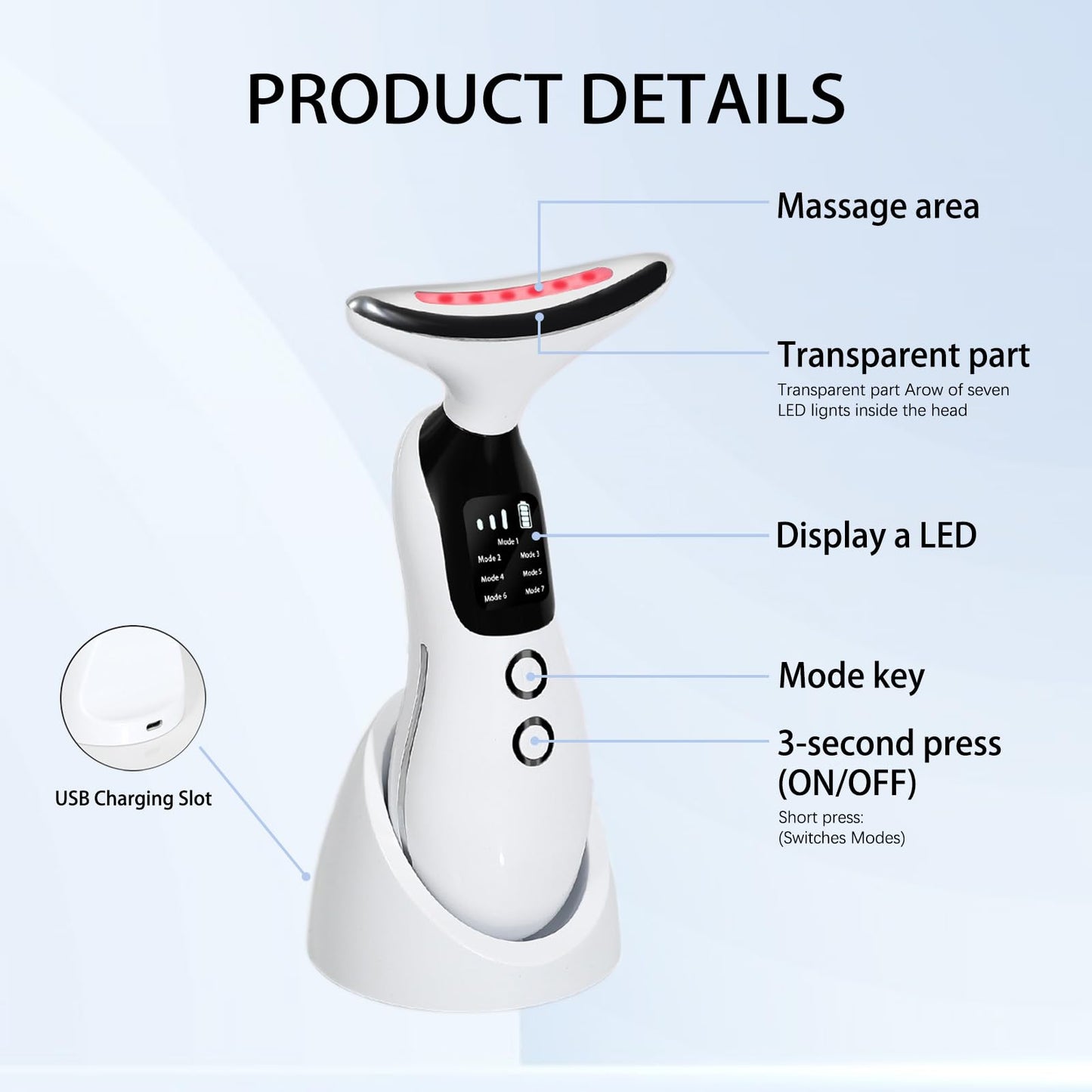 Face Massager, Facial Lifting Device, Anti-Aging Neck Eye with 7 Colors 3 Modes, Skin Care, Anti-Wrinkle Device for Slimming Face【White】