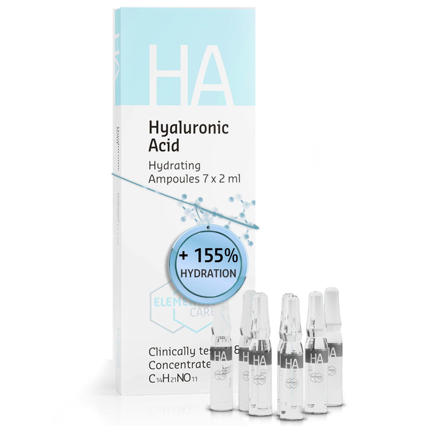 Hyaluronic Acid Serum for Face, 155% Skin Hydration in 1h - Anti wrinkle Face Care for a Natural Face Lift, Face Serum for Women & Men -7x2ml Ampoules - Clinically Tested Skincare by Elemental Care