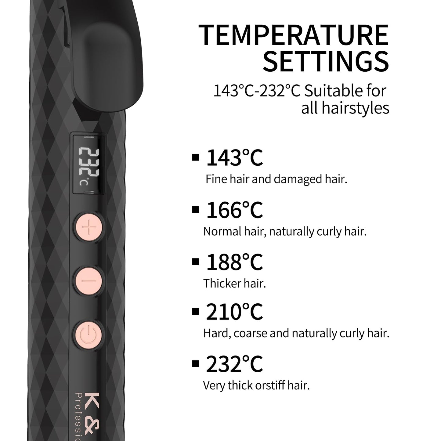 K&K Professional Red Light Therapy Infrared Dual Voltage Curling Iron, 38mm Rose Gold Aluminium Barrel, with Display for Temperature Control up to 232°C