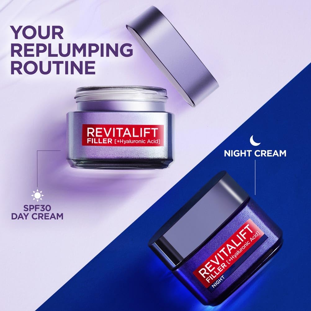L’Oréal Paris Revitalift Filler Replumping Anti-Ageing Night Cream, Smooth Wrinkles, Moisturise, and Replumps Skin with Micro and Micro-Epidermic Hyaluronic Acid, 50ml