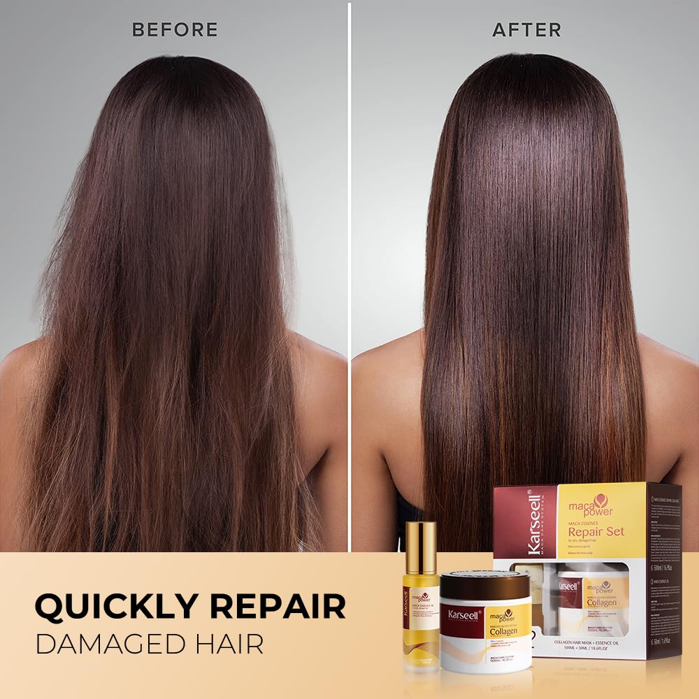 Karseell Collagen Maca Essence Repair Set, Collagen Hair Mask 500ml & Maca Essence Hair Oil 50ml, Argan Oil Hair Treatment for Dry Damaged Hair All Hair Types