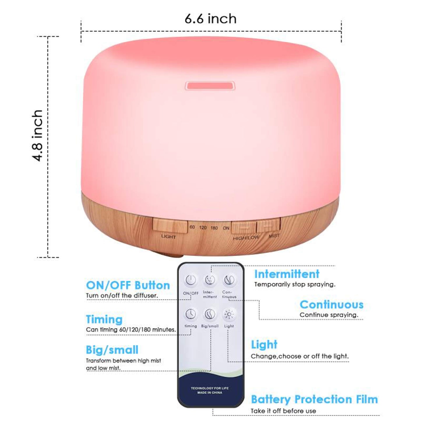 Diffuserlove Essential Oil Diffuser 500ML Remote Control Aromatherapy Diffuser Cool Mist Humidifiers 7 LED Night Light for Home Office SPA Yellow