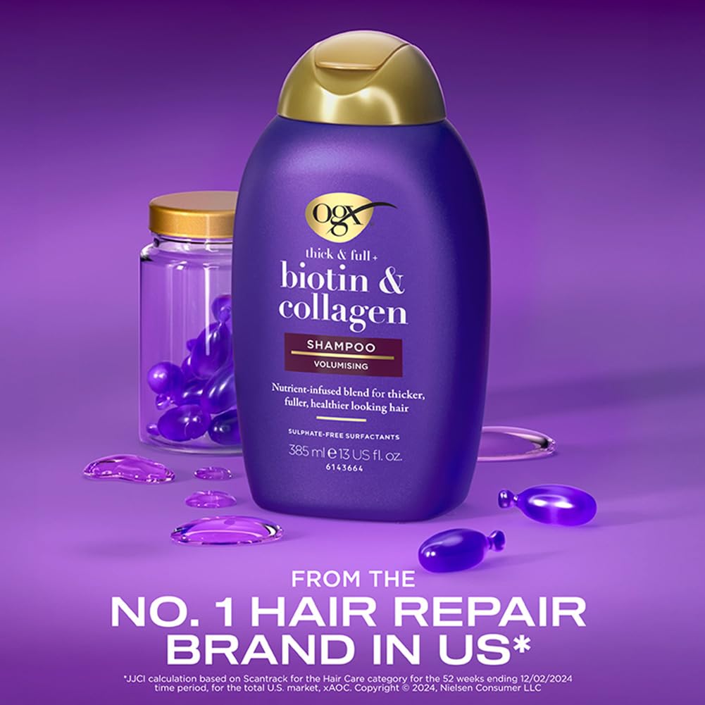 OGX Biotin and Collagen Volumising Hair Shampoo, Thick and Full, with Vitamin B7 Biotin, and Collagen, for Fine Hair, Sulfate Free Surfactants, 385ml