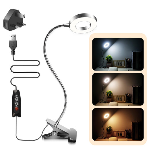 Akynite 7W USB Clip On Bedside Reading Light with Adapter, 3 Colour Changing & 10 Brightness, LED Nail Ring Light Clip on Desk, Flexible Clamp Beauty Lamp for Eyelash Extensions, Silver