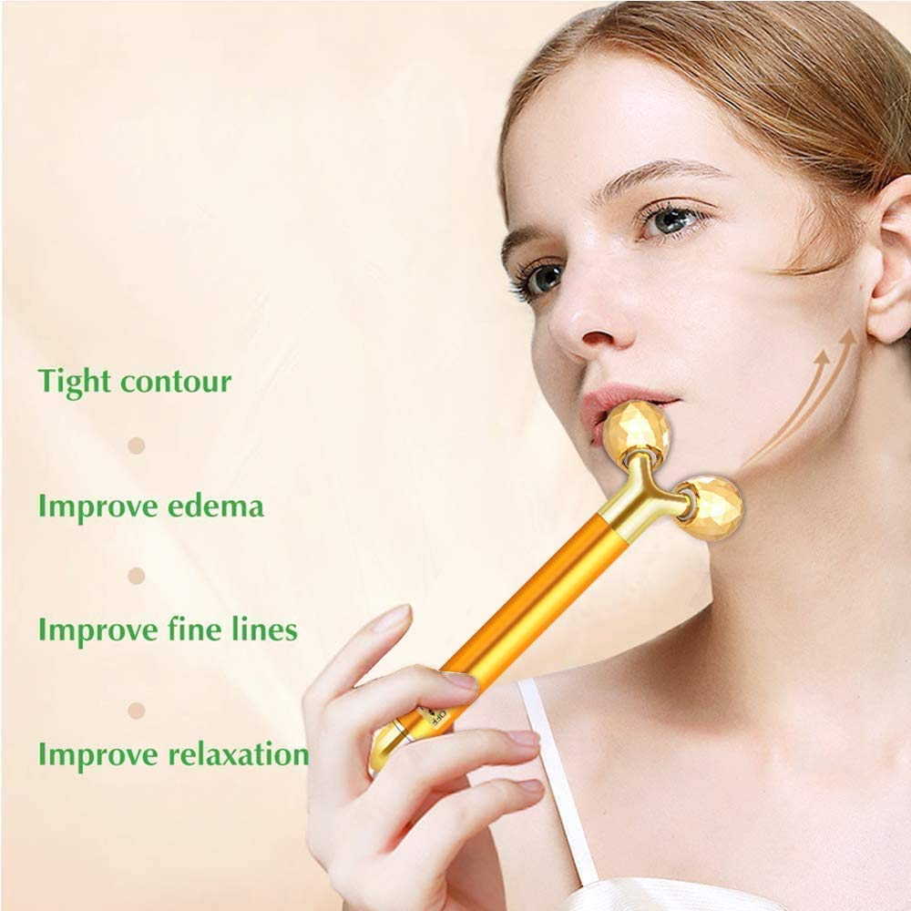 2-in-1 Electric Face Massager Beauty Bar 24k Golden Facial Massager, 3D Roller and T Shape Facial Roller Massager Kit Arm Eye Nose Massager Skin Care Tools