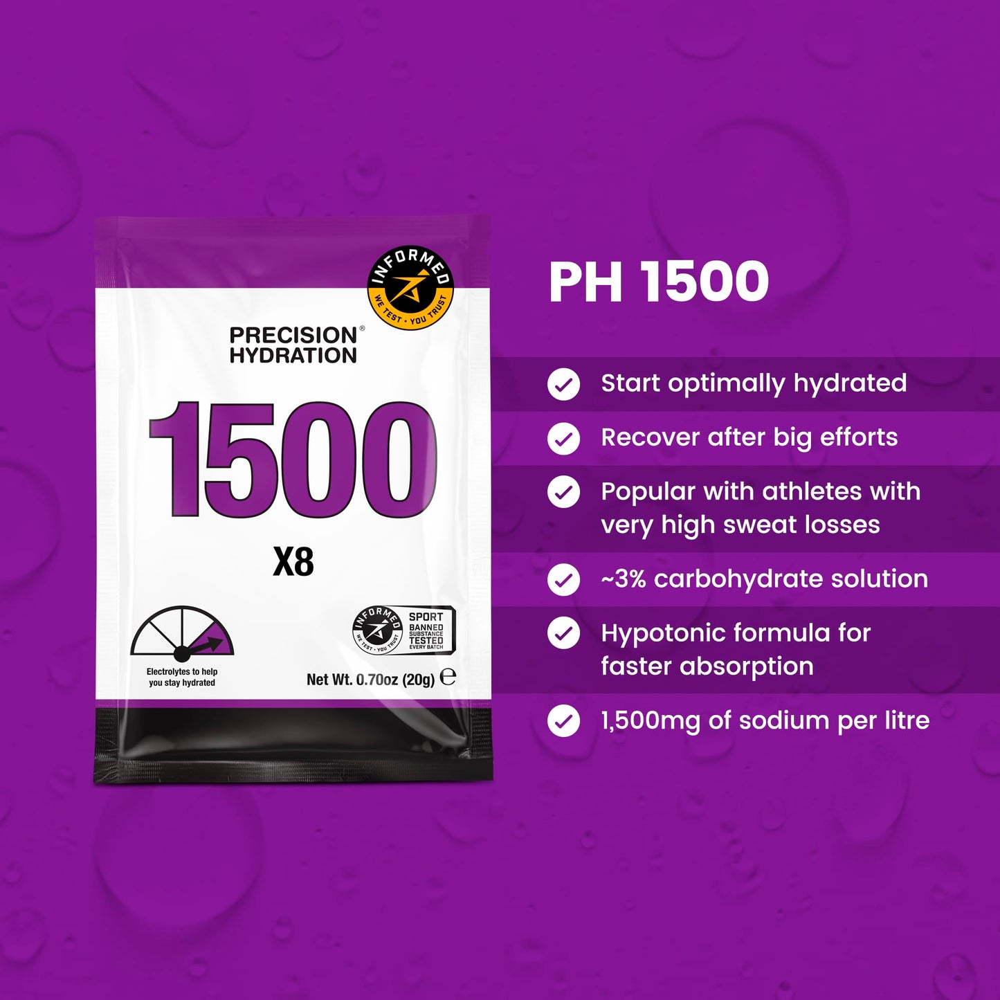 Precision Hydration Electrolyte Drink Mix - No Artificial Ingredients, Multi Strength Electrolyte Powders - Individual Waterproof Servings - Gluten/Dairy Free (1500mg/L - Purple Packet, Pack of 80)