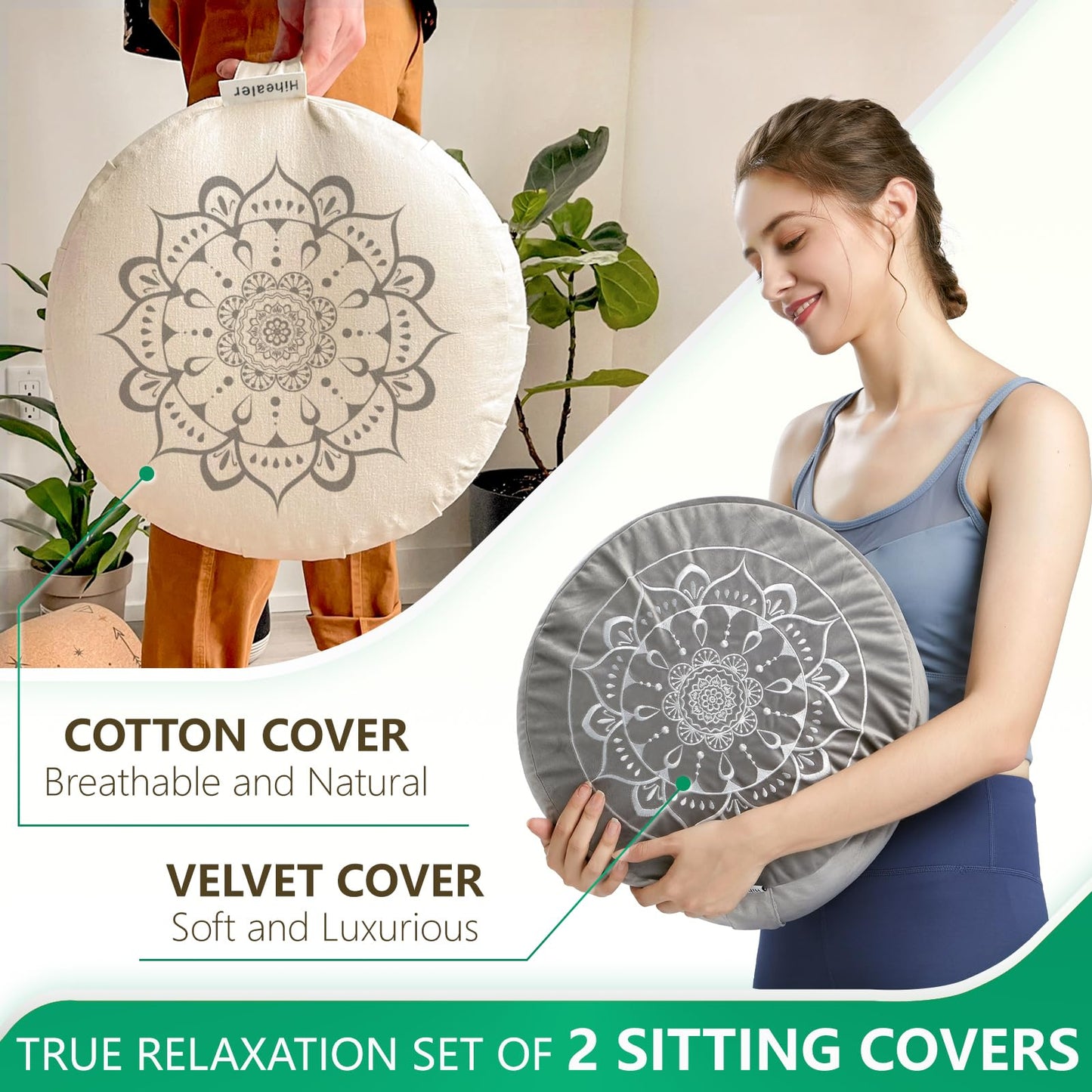 Hihealer Meditation Cushion with Extra Velvet Cover - Large Traditional Tibetan Meditation Yoga Floor Cushion Pillow Zafu Filled by Buckwheat Hulls, Great Gift for Women (Calmly Grey & White)