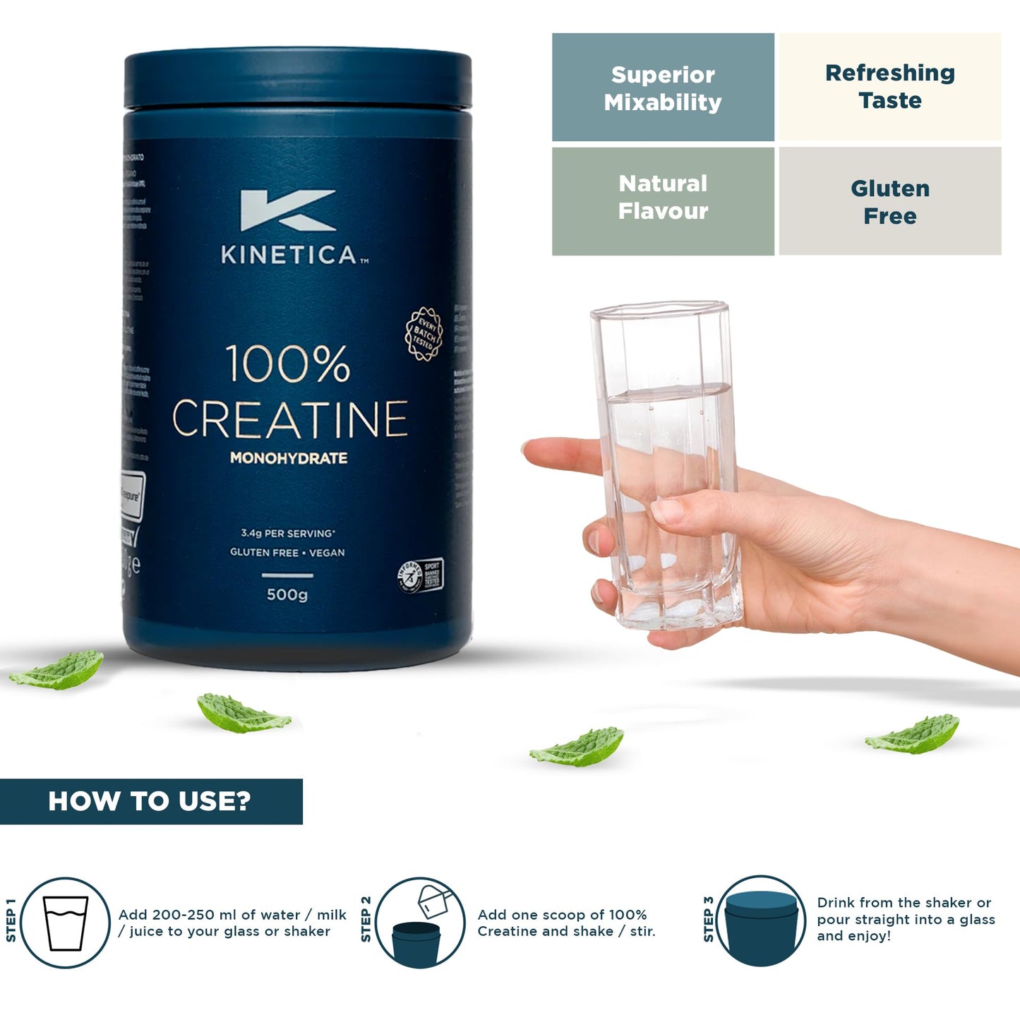Kinetica Sports Creapure® 100% Creatine Monohydrate Powder - Unflavoured | 3.4g Creatine/Serve, 147 Servings/500g Pack | Vegan & Gluten Free | Optimum for High Physical Performance & Muscle Power