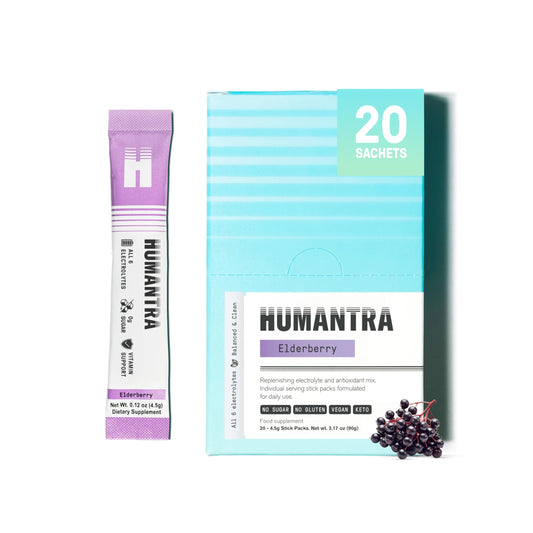 Humantra Hydration Packets | Zero Sugar Electrolyte Hydration Multiplier w/Essential Minerals & 6 Electrolytes | Electrolytes Powder (20 Count, Elderberry)